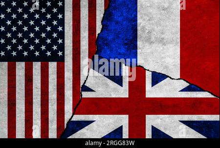USA, Britain and France painted flags on wall. United Kingdom, United States of America and France relations Stock Photo