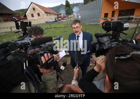 Wintzenheim, France. 09th Aug, 2023. Eleven people were killed when a fire tore through a pair of attached vacation homes hosting people with mental disabilities in a picturesque eastern French town early Wednesday morning. Wintzenheim near Colmar, eastern France, on August 9, 2023. Photo by Vincent Voegtlin/ABACAPRESS.COM Credit: Abaca Press/Alamy Live News Stock Photo