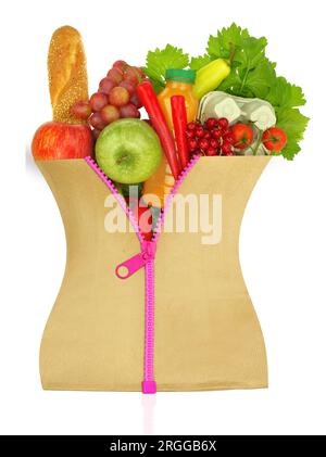 Healthy eating. Groceries in a paper bag with zipper isolated on white transparent background, Stock Photo