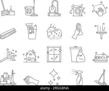 House Cleaning Icons Set. Broom, Dustpan, Vacuum cleaner. Editable Stroke. Simple Icons Vector Collection Stock Vector