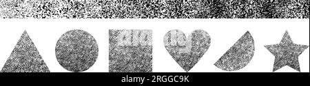 gritty scatter texture shapes. Abstract black and white dirt pattern. Grain gradient triangle, square, heart. half circle, star and elongated rectangl Stock Vector