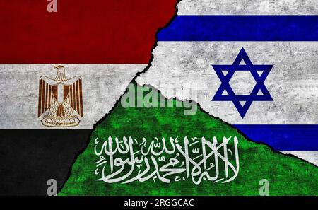 Saudi Arabia, Egypt and Israel painted flags on wall. Israel, Egypt and Saudi Arabia relations Stock Photo