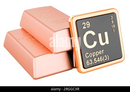 Copper ingots background with chemical element icon Copper Cu, 3D rendering isolated on white background Stock Photo