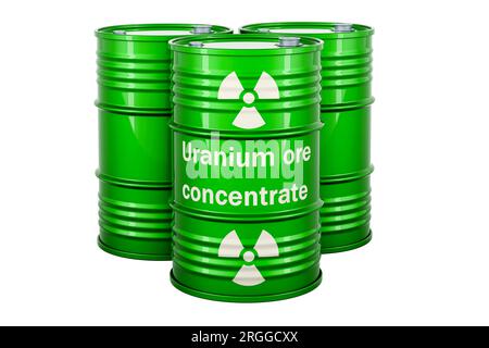 Green drums with uranium ore concentrates, 3D rendering isolated Stock Photo