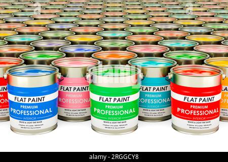 Many Paint Cans closeup. 3D rendering isolated on white background Stock Photo