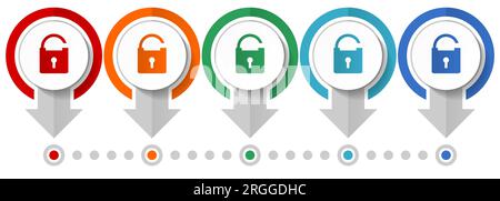 Padlock, security vector icon set, flat design infographic template, set pointer concept icons in 5 color options for webdesign and mobile application Stock Vector