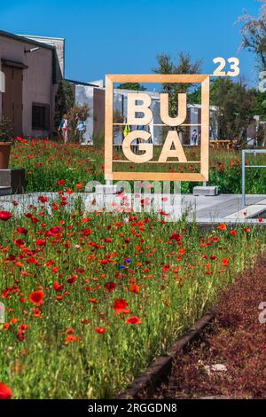 Mannheim, Germany - 26.05.2023: The logo of the Bundesgartenschau (abbr. BUGA) which is a biennial federal horticulture show in Germany. Taking place Stock Photo