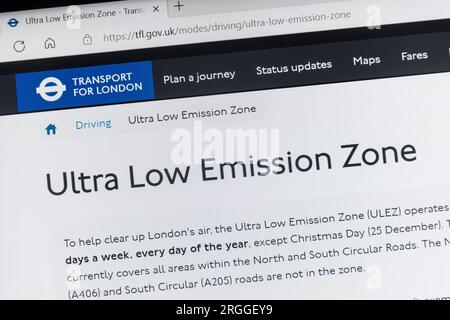 August 2023, ULEZ Expansion. To help clear London's air and improve health, the Ultra Low Emission Zone (ULEZ) is expanding across all London boroughs from 29 August 2023. Tfl (transport for London) website with information about the zone. Stock Photo