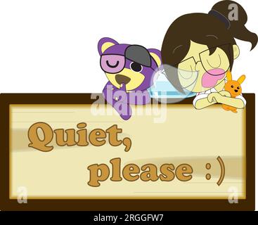 Quiet please board sign room,cute bear with girl beg to help quiet hanging door board Stock Vector