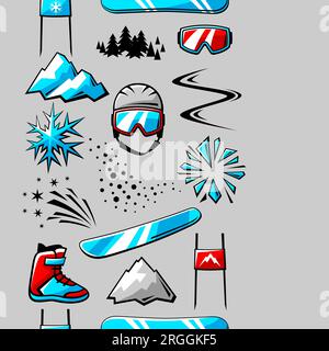 Pattern with snowboarding items. Winter sport illustration. Stock Vector