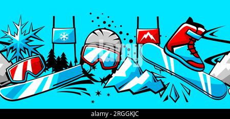 Pattern with snowboarding items. Winter sport illustration. Stock Vector