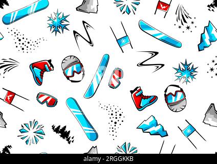 Pattern with snowboarding items. Winter sport illustration. Stock Vector