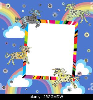 Colored frame with place for your text on a fairytale background with rainbows and unicorns Stock Vector