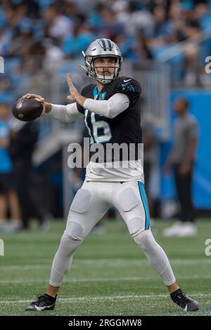 Carolina Panthers quarterback Jake Luton (16) drops back to pass the ball during Fan Fest at Bank of America Stadium, Wednesday, Aug. 2, 2023, in Charlotte, NC. (Brian Villanueva/Image of Sport) Stock Photo