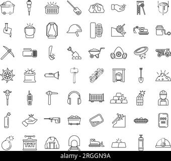 Gold miningicons set outline vector. Mine golden. Coal labor Stock Vector