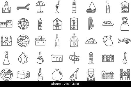 Montenegro icons set outline vector. Country area. Atlas travel Stock Vector
