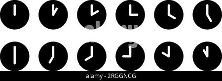 Simple Minimalist Analog Clock Symbol Icon Set Showing Every Hour. Vector Image. Stock Vector