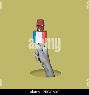 the hand of a man, in black and white, holding a microphone patterned with the flag of france, on a greenish yellow background Stock Photo