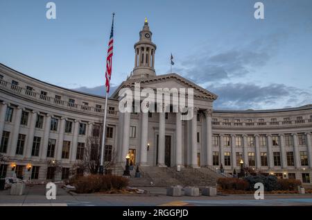 Denver, Colorado - February 12 2023: A view of the City Courthouse from Civic Center Park in the quiet moments of a Sunday morning before the city wak Stock Photo