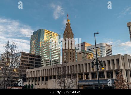 Denver, Colorado - February 12 2023: A view of the downtown Denver clock tower while the streets are still quiet on a mid-winter Sunday morning as the Stock Photo