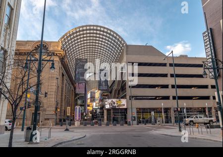 Denver, Colorado - February 12 2023: A view of the Performing Arts Complex in Downtown Denver on an early Sunday morning before the city wakes up. Stock Photo