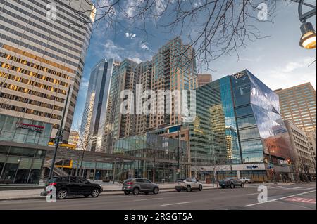 Denver, Colorado - February 12 2023: A view of the quiet and empty downtown streets on an early Sunday morning as the city begins to wake up. Stock Photo
