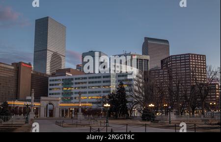 Denver, Colorado - February 12 2023: A view of downtown Denver from Civic Center Park in the quiet moments before the city wakes up. Stock Photo