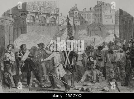 Liberal Revolutions. France. Revolution of 1830, also called the July Revolution or July Days. They were revolutionary days against King Charles X (1757-1836) because of his anti-liberal measures. On 27, 28 and 29 July 1830, the Parisians uprised and succeeded in overthrowing the king. Riots on the streets. Engraving by Vivant Beaucé. 'Los Héroes y las Grandezas de la Tierra'. Volume V. 1855. Author: Vivant Beaucé (1818-1876). French artist. Stock Photo