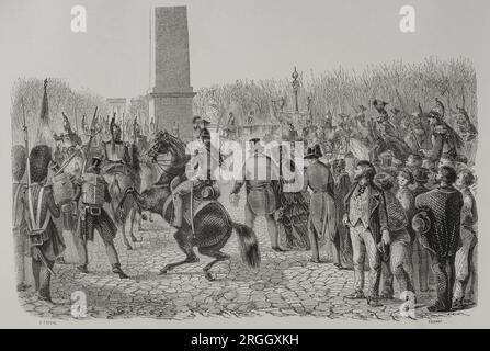 French Revolution of 1848. The Parisians took up arms on 23 and 24 February 1848, leading to the abdication of King Louis-Philippe I (1773-1850). The crowd storming the Tuileries on 24 February 1848, the king's refusal to grant universal suffrage. Louis-Philippe I and his family fleeing Paris. Engraving by E. Coppin and Trichon. 'Los Héroes y las Grandezas de la Tierra'. Volume V, 1855. Author: Auguste Trichon (1814-1898). French engraver. Stock Photo