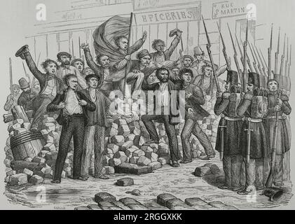 Liberal Revolutions. France. Revolution of 1830, also called the July Revolution or July Days. They were revolutionary days against King Charles X (1757-1836) because of his anti-liberal measures. On 27, 28 and 29 July 1830, the Parisians uprised and succeeded in overthrowing the king. Barricades in the streets of Paris. Engraving by Cabasson. 'Los Héroes y las Grandezas de la Tierra'. Volume V. 1855. Author: Guillaume-Alphonse Harang Cabasson (1814-1884). French artist. Stock Photo