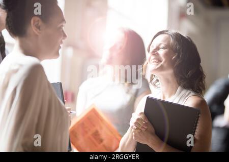 Mature businesswomen talking by window in office Stock Photo