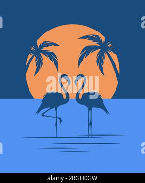 Silhouette of a two flamingos standing in the water on the sunset background. Flat vector illustration Stock Vector