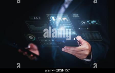 personal profile. Business virtual hologram icon screen on mobile screen. CV profile Resume register job interview Stock Photo