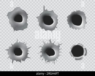 Realistic bullet holes from gun shot, bullet target cracks on metal, isolated vector. Gunshot or rifle bullet holes torn from military fire weapon, shooter damage holes on wall transparent background Stock Vector