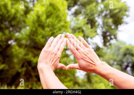 Woman's hands forming triangle shape Stock Photo