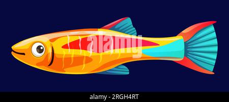 Cartoon aquarium neon tetra fish. Isolated vector small, vibrant, tropical freshwater fish with striking bright blue, orange and red coloration and iridescent body. Peaceful, schooling creature Stock Vector