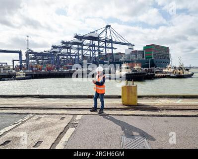 Dock worker with digital tablet at Port of Felixstowe, England Stock Photo