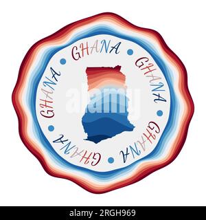 Ghana badge. Map of the country with beautiful geometric waves and vibrant red blue frame. Vivid round Ghana logo. Vector illustration. Stock Vector