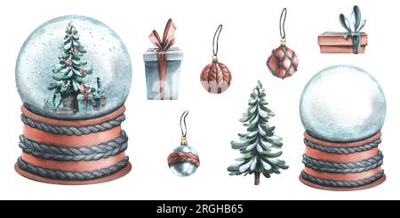 Snow glass ball on a stand with a Christmas tree and gifts inside. Watercolor illustration, hand drawn. Set of isolated elements on a white background Stock Photo