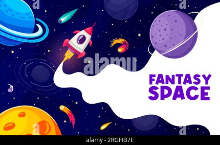 Space poster. Cartoon rocket, space planets, asteroids and comets on starry galaxy landscape vector background. Spaceship flying to fantasy universe, astronomy science, galaxy adventure and travel Stock Vector