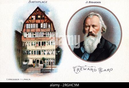 Johannes Brahms (1833-1897), German composer, Pianist, and Conductor, head and shoulders Portrait, Illustrated Color Postcard, Unidentified Artist, T. Presser Company, Philadelphia Stock Photo