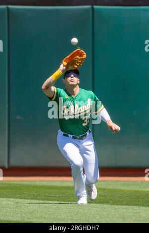 Oakland Athletics left fielder JJ Bleday (33) in the first inning of a  baseball game Saturday, July 29, 2023, in Denver.(AP Photo/David Zalubowski  Stock Photo - Alamy