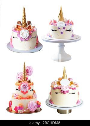 Collection of beautiful unicorn cakes with golden horns, eyelashes and cream cheese frosting isolated on white background, png Stock Photo