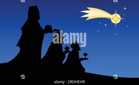 Three biblical kings black silhouette shape looking at Star of Bethlehem. Three wise men holding presents under the starry sky. Stock Vector