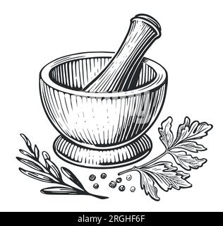 Mortar and pusher for herb grinding isolated on a white background. Hand drawn sketch vintage vector illustration Stock Vector