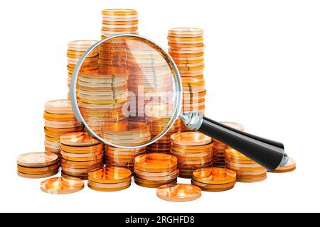 Golden coins with magnifier, 3D rendering isolated on white background ...
