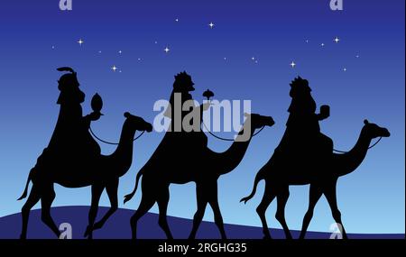 Three wise men riding camels black silhouette shape vector. Three biblical kings or magi in desert at night with a starry sky. Stock Vector