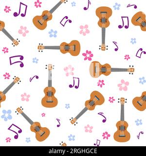 Ukulele seamless pattern, ukulele. Pattern with monstera, leaves, flowers notes inscriptions Stock Vector
