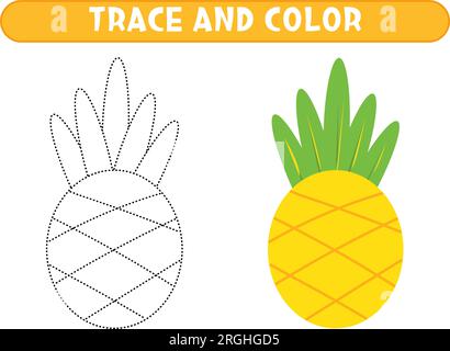 Trace and color pineapple. Worksheet for kids Stock Vector