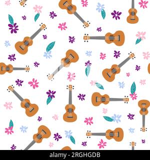 Ukulele seamless pattern, ukulele. Pattern with monstera, leaves, flowers notes inscriptions Stock Vector